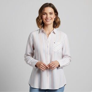 Tommy Hilfiger Women's‎ Cotton Striped Roll Tab Blouse colorful